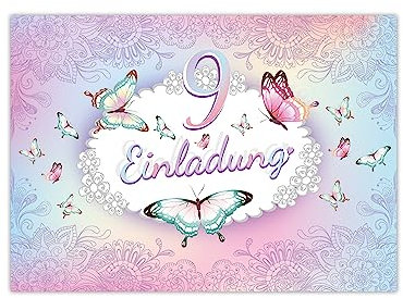 Limonia 8 Einladungskarten zum 9. Geburtstag Einladung Kindergeburtstag Mädchen Schmetterling Blumen