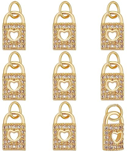 Beebeecraft 1 Box 10 Stück Vorhängeschloss Anhänger 18 Karat Vergoldet Hohle Schloss Anhänger Mit Klarem Zirkonia Und Biegering Für Valentinstag DIY Handwerk Halskette