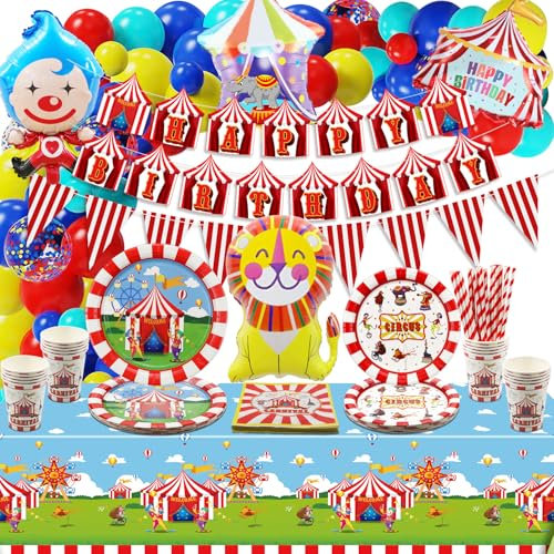 Karneval Party Supplies, Enthalten Karneval Flagge, Geburtstag Banner, Tischdecke, Luftballons, Pappteller, Servietten, Tassen, Zirkus Party Dekorationen für Kindergeburtstag Party, für 20 Gäste