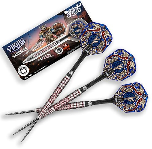 Shot Viking Rannaska Steel Tip Dart Set | 90% Tungsten Barrels | Steeltip Darts mit Schäften und Flights | Präzision und Kontrolle | 22 Gramm