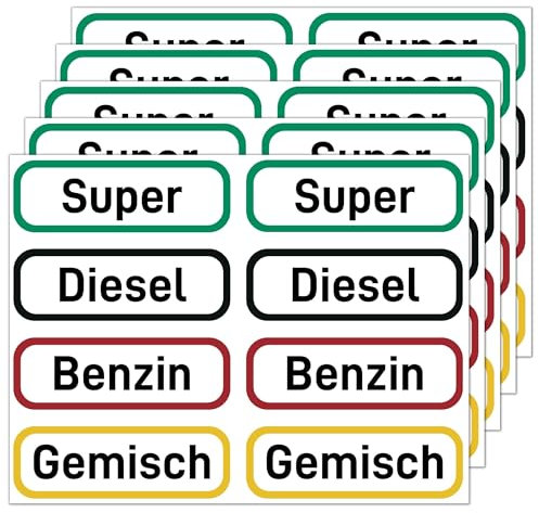 Kraftstoff Aufkleber für Kanister Beschriftung (40er Set - 60x20 mm) - Benzin, Diesel, Super, Gemisch/Benzingemisch - Brennstoff Sticker für Auto, Motorrad, Tankdeckel, Kettensäge und Rasenmäher