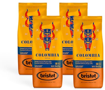 Bristot: Single Origins Colombia - Caffè in Grani Proveniente dalla Colombia. Con Note Floreali, Frutti Rossi e Mandorla - 4 Confezione da 225gr (900gr)