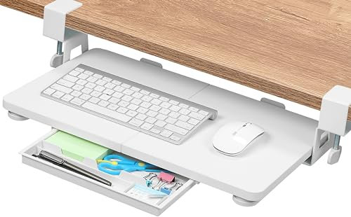 ETHU Under Desk Keyboard Tray with C-Clamp, Adjustable 50×30cm Pull-out Keyboard Drawer for Desk, Retractable Ergonomic Sliding Keyboard Shelf for Home & Office (White)