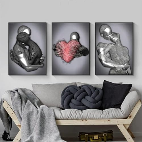 3D Metallfigur Statue Kunst Liebe Herz Kuss Bilder Wandkunst Wohnzimmer Wanddekoration - Ohne Rahmen (Poster-04,40X50cm*3)