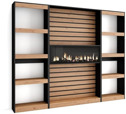 Skraut Home | Bücherregal Bibliothek | Bookshelf, Bookcase | 230x186x25cm | Wohnzimmer, Esszimmer, Büro | Elektrokamin | Moderner Stil | Eiche Schwarz