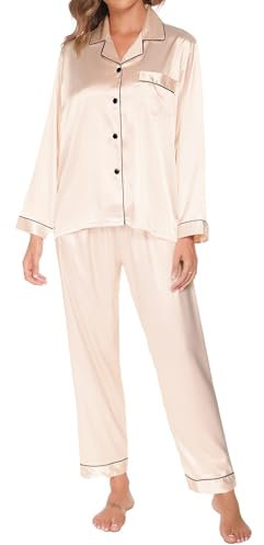 Mchodare Pyjamas Satin de Soie pour Femmes, Ensemble 2 Pièces Vêtements de Nuit Manches Longues et Pantalons Longs, S-XXL