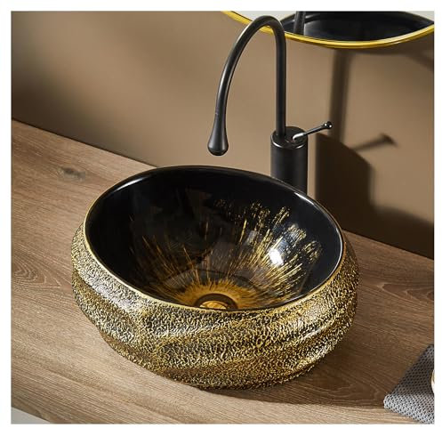 MEJE 45 x 40 x 16,5 cm - Lavabo ovale en plastique - Surface en relief - Doré vintage - Plan de travail - Céramique (y compris bonde pop-up)