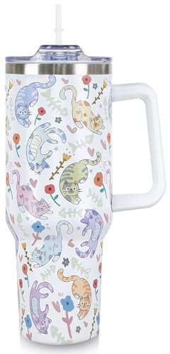 Cat Travel Coffee Mug - 40 Oz Tumbler with Handle & Straw, Funny Cat Gifts for Women
