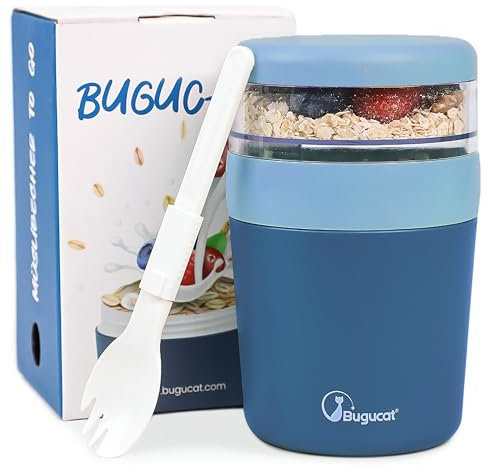 Bugucat Müslibecher To Go, Joghurtbecher 150ML+500ML, Auslaufsicherer Yoghurt, Lunchpot Mit Löffel, Obstbehälter Salatbecher für Unterwegs, Praktischer Porridge, Blau