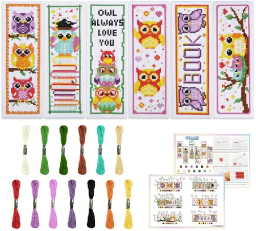 ORIGACH 6 Set Kreuzstich Lesezeichen Kit für Anfänger Eule Muster DIY gestempelt Stickerei Lesezeichen Kit mit 13 Farben Stickgarn Anleitung