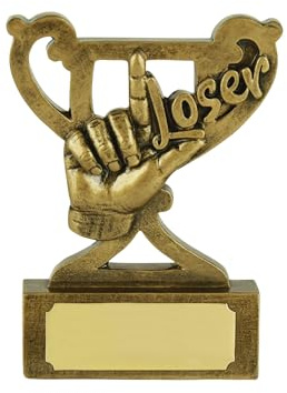 Trophée en argent : Trophée de coupe mini drôle et humoristique pour perdant, geste de la main, pour le deuxième, la dernière place, l’échec, le pire, ornement en forme de L, figurine abordable