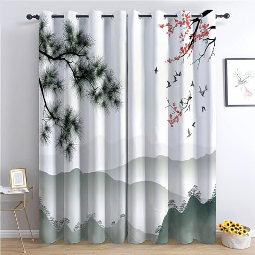 CozyRest Verdunkelungsvorhänge Mit Ösen, 215 x 110 cm Blickdichte Vorhänge, Wärmeisolierend Vorhang, Kiefernzweig Pflaumenblüte Vorhänge Für Kinderzimmer Schlafzimmer Schiebevorhänge