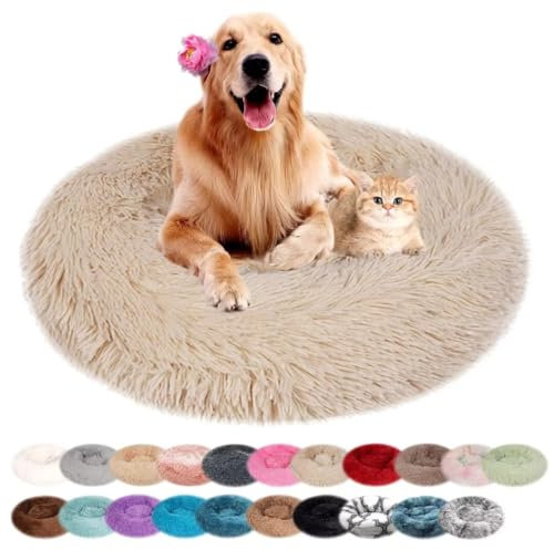 nvdsivee Hundebett Rund Katzenbett PlüSch Hundebetten Maschinenwaschbar Hundematte Hundekissen für Kleine Mittelgroße Grosse Hunde mit Rutschfestem Boden Beige 90cm