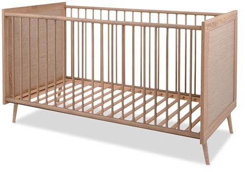 KHG Kinderbett hell-braun modern Eiche-Optik, Babybett aus Holzwerkstoff Rattan-Optik, höhenverstellbar, Liegefläche 140 x 70 cm Gestell aus Massivholz - 143 x 84 x 76 cm (B/H/T)