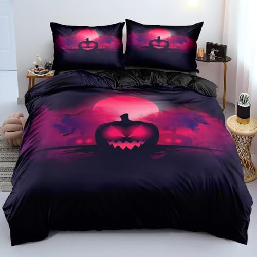 Luowei Halloween Bettwäsche 135X200 Set Gruseliger Teufel Kürbiskopf Bettbezug für Jungen Teens Erwachsene Schwarz Rot mit Kissenbezug