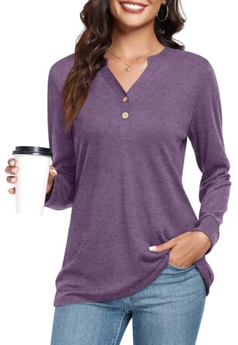 CATHY Womens Long Sleeve Tops Button Up V-Neck Henley Shirts Dressy Casual Tunic Blouses, L, Shallow Purple