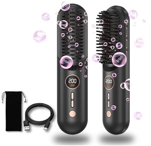 UKLISS Glättbürste Kabellos, Haarglätter Bürste, 9000 mAh Verbesserte Tragbare Mini Glätteisen Pro für Unterwegs, Glättungsbürste Negativ-Ionen-Heißkamm, Kabellose Glätteisen für Frauen, USB Schwarz