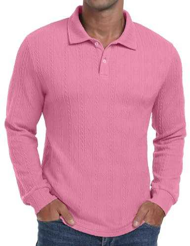 Sailwind Polo pour homme à manches longues en tricot texturé avec boutons, rose, XL