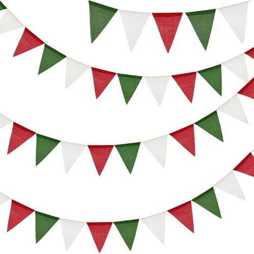 G2PLUS Wimpelkette Outdoor Rot Grün Weiß, 12M Wimpelkette zum Weihnachten, Girlande Garten mit 36 STK Wimpel, 3 Stück Jute Wimpelketten für Deko Weihnachten, Party, Garten