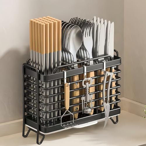 Cutlery Holder, Kitchen Utensil Holder, Cutlery Basket, Wall-Mounted Traceless Sticker, Carbon Steel Cutlery Draining Container for Cutlery and Kitchen Utensils (Black)