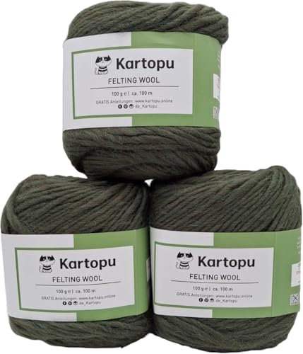 Filzwolle – große Farbauswahl – 3x100gr (300gr) – harmonisches Strickbild - 100% reine Schurwolle – Ökotexzertifiziert - hochwertige Wolle zum Filzen – Lauflänge per 100gr ca. 100m (1403 dunkelgrün)
