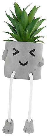 Cabilock Artificial Succulent Bonsai Fake Plant Decor with Smiling Face Cement Pot Hanging Leg Simulation Greenery for Home Office Table Decoration