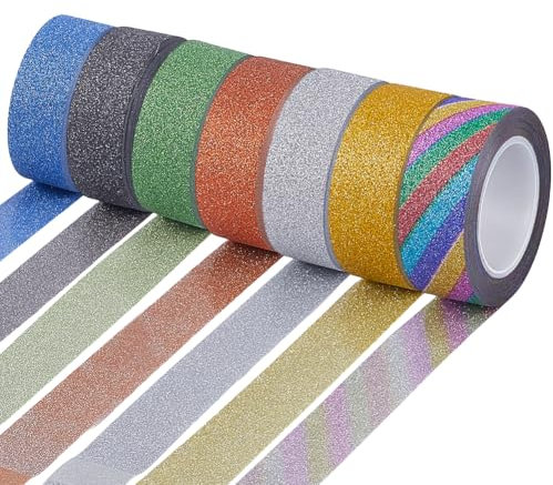 GORGECRAFT 7 Rouleau de Ruban Adhésif Pailleté de 70mX15mm Ruban de Papier Washi Décoratif Noir Vert Argent Ruban de Masquage Doré Autocollant pour Bricolage Décoration de Scrapbooking Artisanat