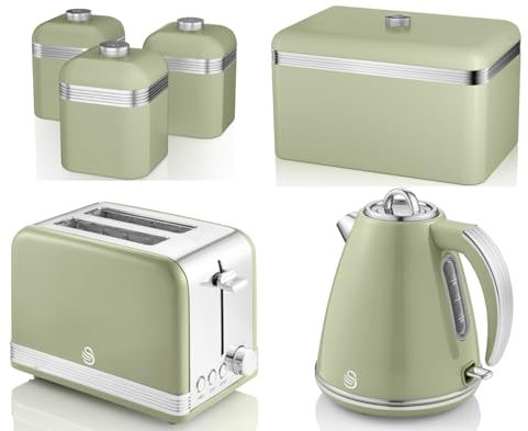 Swan Retro Kitchen Set of 6 in Green Including 1.5L 3KW Jug Kettle, 2 Slice Toaster, Bread Bin, Set of 3 Tea, Coffee, Sugar Canisters. Retro Design Kitchen Set
