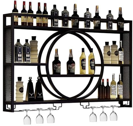 Scaffale per vino a parete, Mobile Portabottiglie Rotondo In Metallo, Portabottiglie Multifunzionale, Scaffale Per Bottiglie Di Vino In Stile Vintage, Con Porta Bicchiere Da Vino (Black, 120cm)