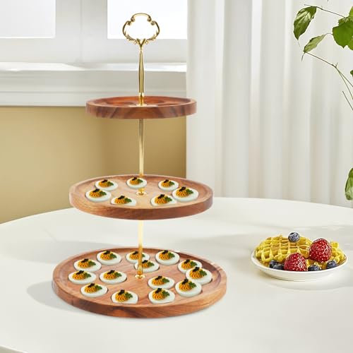 3 Tier Wooden Deviled Egg Platter, 26 Holes Deviled Egg Plate, Reversible Deviled Egg Tray, Front as Easter Thanksgiving Deviled Egg Container, Back as Cupcakes Stand,Serving Tray