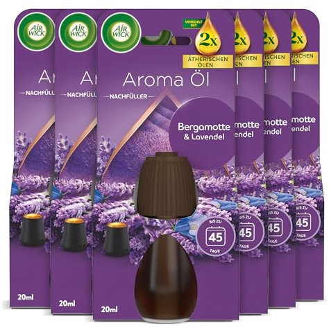 Air Wick Aroma-Öl Flakon Nachfüller – Duft: Bergamotte und Lavendel – Floraler Wohnungsduft mit ätherischen Ölen – 6 x 20ml Duftöl Set