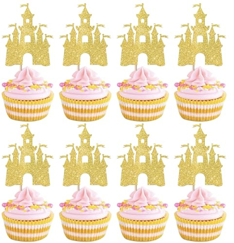 Xsstarmi 24 Pack Gold Castle Cupcake Toppers Sticks Glitter King Queen Prince Princess Castle Cupcake Picks for Baby Shower Kids Birthday Party Cake Decorations Supplies