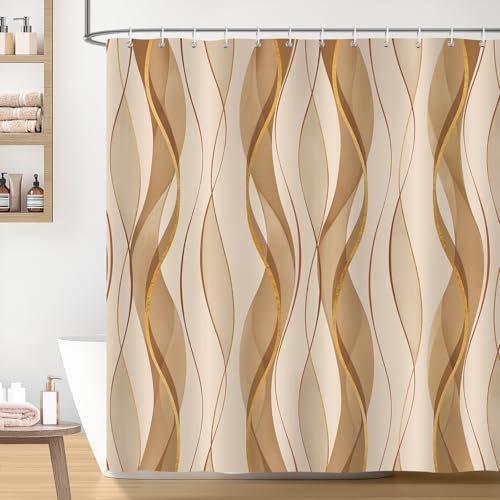 Bonhause Rideau de Douche Marron Rayé Abstrait Moderne Géométrique Rideau de Bain Tissu Polyester Anti Moisissure Imperméable Lavable Rideaux Salle de Bain 180 x 180 cm avec 12 Crochets pour Baignoire