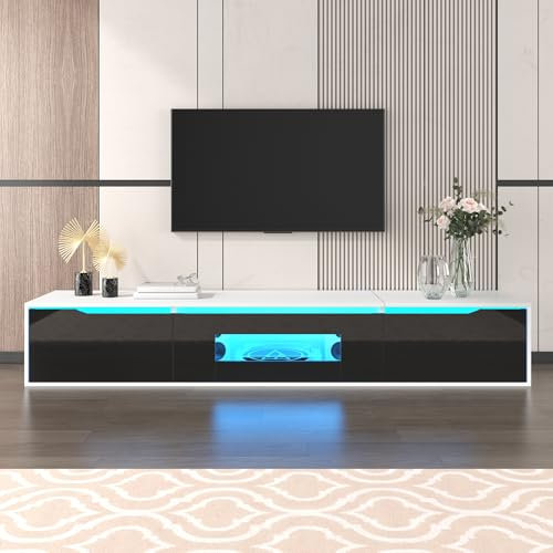 KUIKUI TV Stand, Floating TV Unit with Grooved doors and LED Light Strip, 180x35x30cm,White and Black