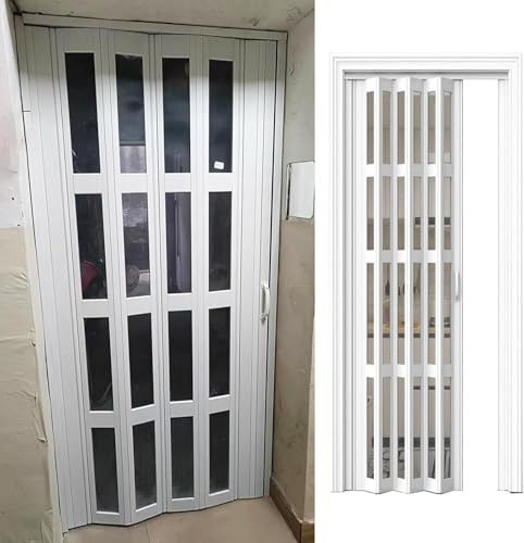 ININOSNP Aluminum Folding Door PVC Folding Door for Kitchen Laundry Room Large Opening Accordion Doors with Acrylic Panel