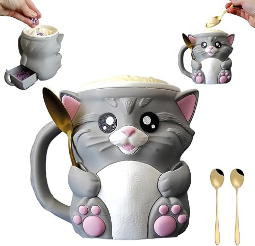 The Cat Ice Cream Buddy, auslaufsicherer Pint-Halter mit 2 Löffelschlitzen, hält die Hände warm und genießen Sie Familieneisnächte, für Katzenliebhaber (Graue Katze)