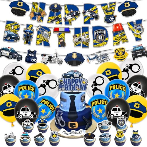32 Piece Police Party Decor Set, Police Theme Supplies, Police Car Police Hat Police Badge Police Uniform Banner Balloon Cake Decorations, Kids' Birthday Party Supplies, Boys' Birthday Cake