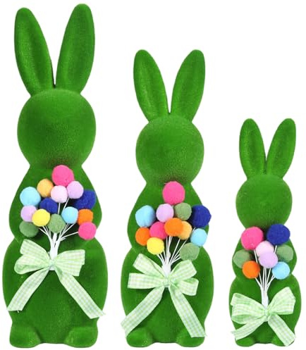 BrilliantJo 3er Set Dekofigur Frühling Dekoration Muttertagsgeschenk Hase mit Schleife pompom Ballon grüne Hasenfigur für Muttertag Frauen Geschenke Innenbereich Garten Deko