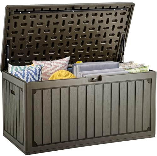 YITAHOME 303L Gartenbox Auflagenbox, HDPE Aufbewahrungsbox mit Schloss & Seitengriffen, Wetterfeste Sitzbank für Terrasse, Gartenmöbel, Kissen, Poolzubehör, Hellbraun