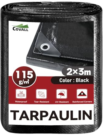 COVALL bâche Noire imperméable 115g/m² 2x3m, Protection extérieure | Anti-UV, Anti-déchirement,œillets métalliques Tous Les 50cm,Fixation Facile, pour Jardin, poulailler,Bois,Piscine,toiture