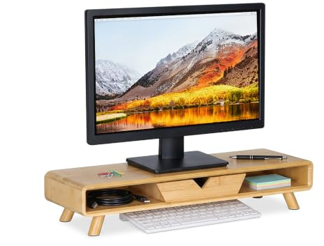 Relaxdays Monitorständer, 2 Fächer & Schublade, HBT: 13 x 62 x 20,5 cm, Bambus, Schreibtisch, Bildschirmpodest, Natur