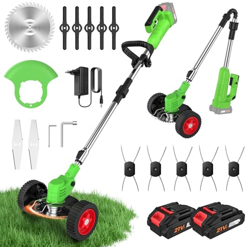 Akku Rasentrimmer Klappbar, 800W Freischneider mit Rädern & 2X 21V Akkus, 4-in-1 Motorsense Rasenkantenschneider, 90° Kopf, Kompatibel mit Makita 18V, Leichter Gartentrimmer für Garten & Unkraut