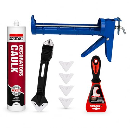 Sealant Gun & Fresh White Caulk 290g Bundle Including Bathroom And Kitchen Sealant Tools | JDM Craft Set Great For Mould Resistant Work And Silicone Remover
