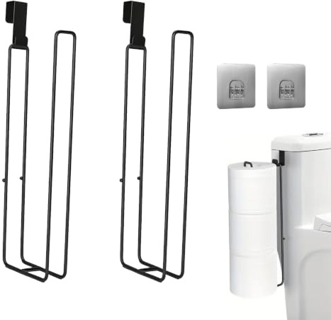 2 Pcs Toilet Paper Holders, Black Rustproof Stainless Steel, No Drill Self Adhesive Wall Mount Toilet Roll Holder, 3 Rolls Capacity Over Cistern Bathroom Hardware Storage Organiser