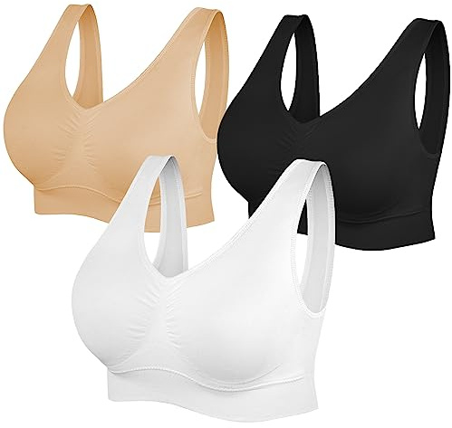 SIMIYA Super Comfort Bra, Womens Sports Bras Removable Pads Plus Size Sleep Bras for Girls in Yoga Bralette Leisure Stretch Crop Tops Vest (S, Black+White+Beige)