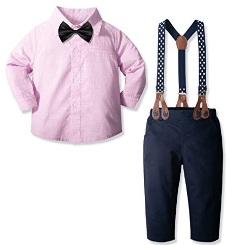 Yilaku Bébé Garçons Ensemble de Tenue Bebe Costumes 4pièces Chemises Pantalon Messieurs Mariage Ensembles de vêtements de baptême Garcon 2ans,Rose,100