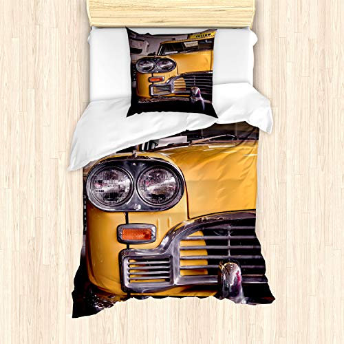 ABAKUHAUS New York Bettbezug Set für Einzelbetten, Antique Yellow Taxi, Milbensicher Allergiker geeignet mit Kissenbezug, gelb Grau