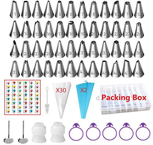 ANSLYQA 92 Pcs Icing Piping Tips and Bags Set with 48 Numbered Icing Tips & Pattern Chart,32 Pastry Bags,2 Flower Nails,2 Small Couplers,5 Frosting Bag Ties for Cake Decorating
