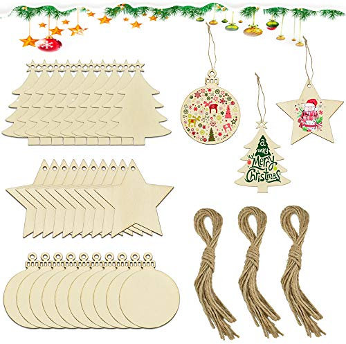 AFASOES 30 Stück Holzanhänger Weihnachten Baumscheiben Basteln mit 30 Schnur Naturholzscheiben Weihnachten Holzsterne Weihnachtsbaum Anhänger zum Bemalen Weihnachtsbaum Deko Holz für Weihnachten Malen