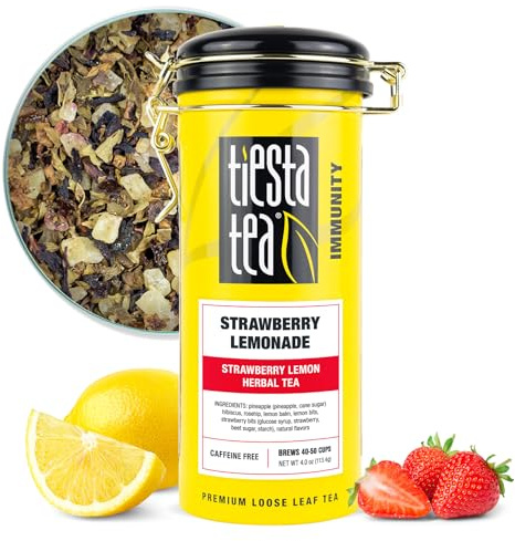 Tiesta Tea Limonata alla fragola, foglie sciolte, tè alle erbe alla fragola, miscela di frutta caffeinata di alta qualità, calda o ghiacciata, prepara fino a 50 tazze, scatola ricaricabile, 118 ml